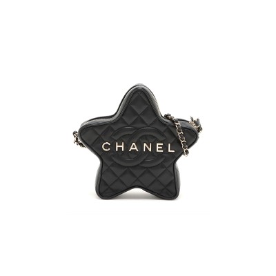 CHANEL LAMBSKIN CHAIN SHOULDER BAG STAR BLACK GOLD METAL FITTI A3501 (22.5*6cm)